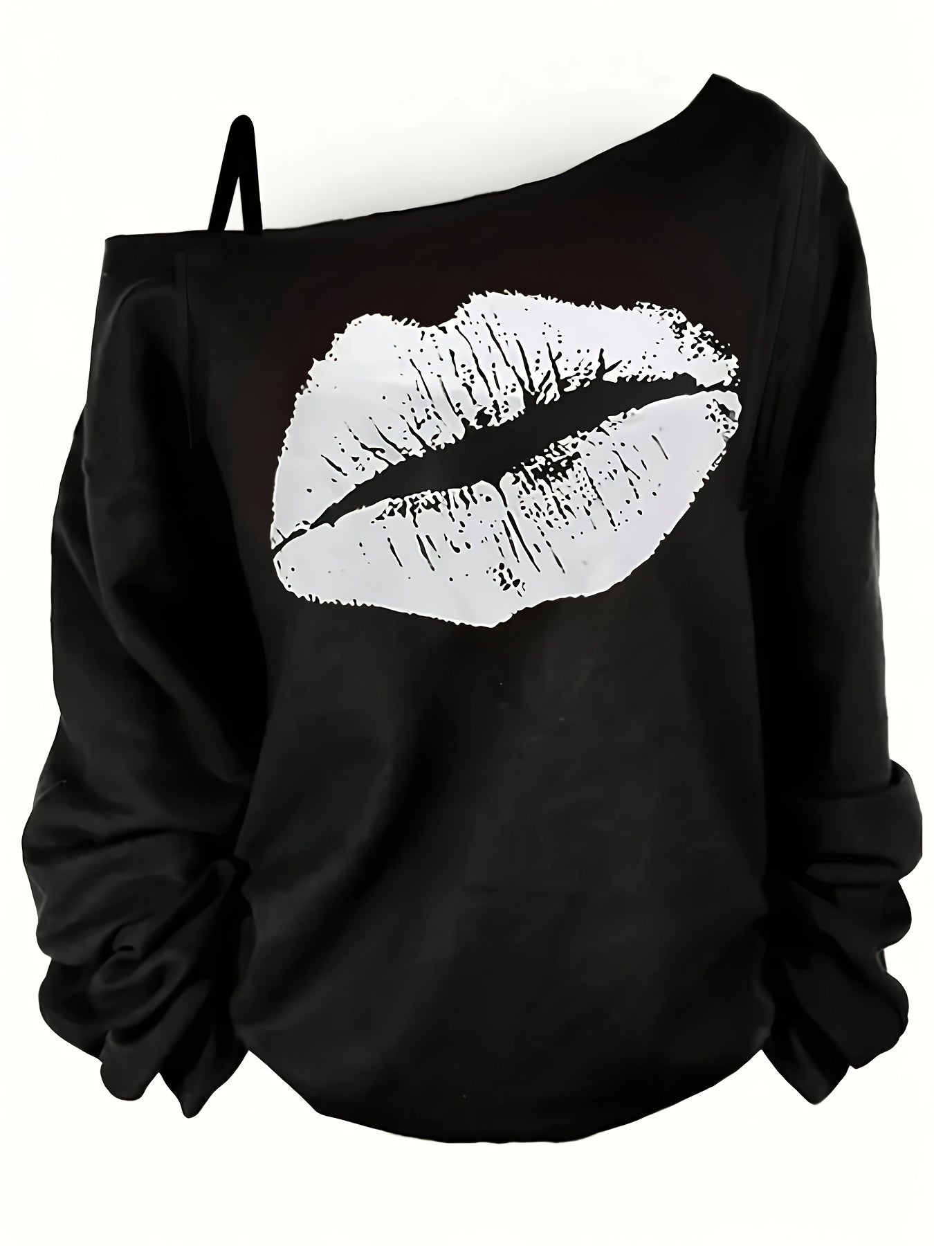 Lip Print Slant Neck T-Shirt, Casual Long Sleeve T-Shirt For Spring & Fall, Women's Clothing